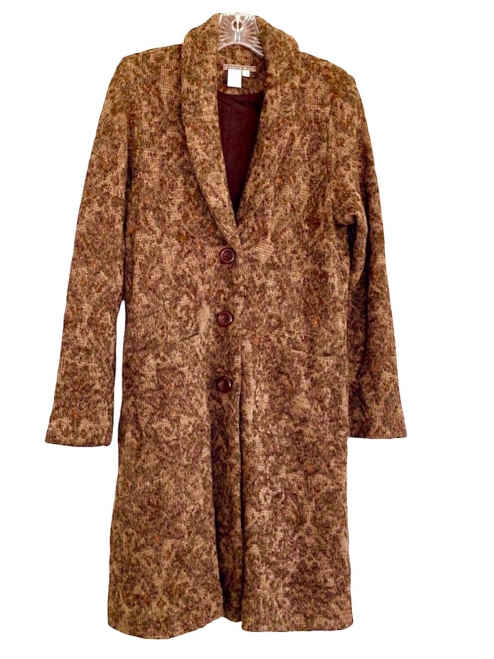 Isabella Bird Long Brown Medallion Print Shawl-Collar Women's Coat